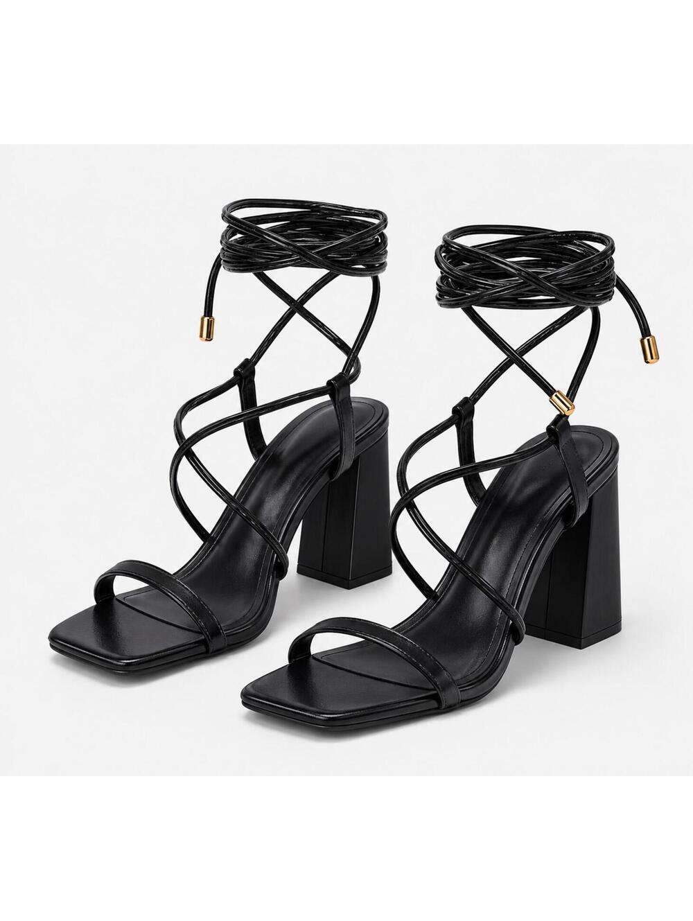 Lhamo Latso Black Strappy-Tie Chunky Heel Sandals (Size 9)